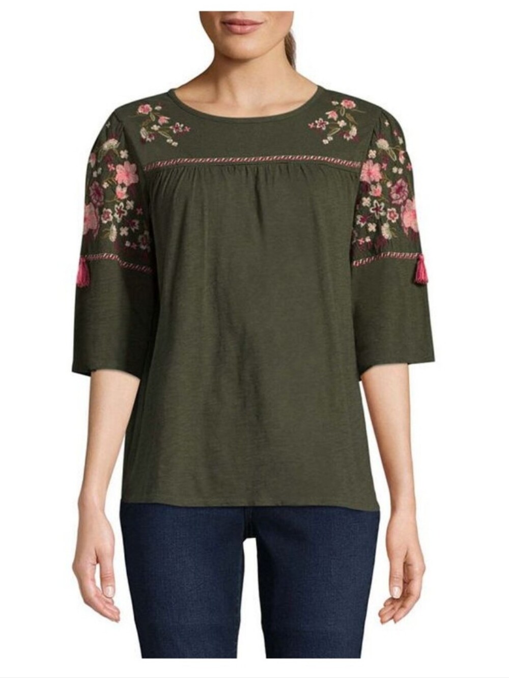 St. John's Bay Floral Embroidered Peasant Tunic Top Green Pink Cotton Size 1X